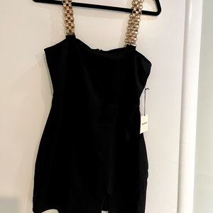 Superdown, NWT, black mini dress with gold-chain straps.